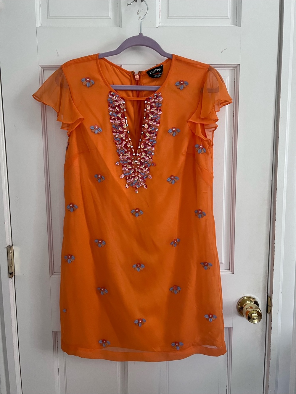 bebe Orange Mini Dress with Beaded V-Neck